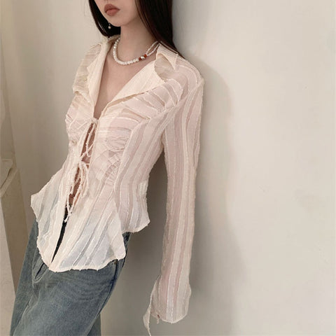 Sonicelife Sexy Lace Up Women Blouse Long Sleeve Spring New Turn-Down Collar Shirt White Y2K Korean Fashion Ladies Tops