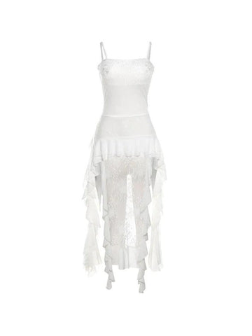 Sonicelife-Lace Splice Irregular Ruffled Hem Cami Top