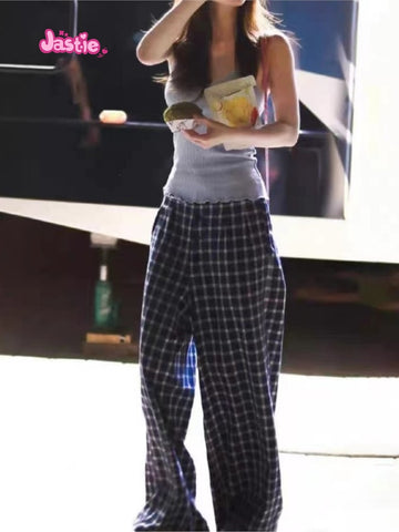 Sonicelife Navy Blue Plaid Fashion Wide Leg Pant Single Breasted Versatile Streetwear Women Trouser Spring Summer Retro Y2K Female Bottoms