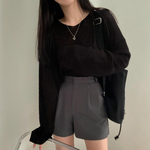 Sonicelife Solid Color V-Neck Oversized Knitted Tee