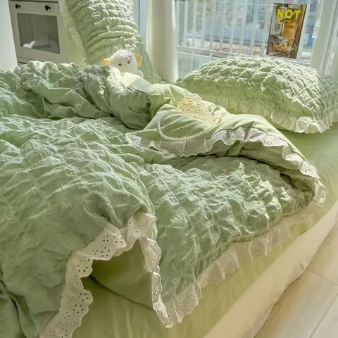 Sonicelife Ins Style Korean Princess Bedding Set Duvet Cover Wash Cotton Solid Color Summer Soft Bed Sheet Set Comfortable Set Quilt Cover
