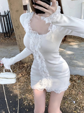 Sonicelife Y2k Dress Women Clothing Kpop Lace Long sleeves Party Dresses High waist Korea Sweet Girl Mini Dressees Harajuku Sexys Dress
