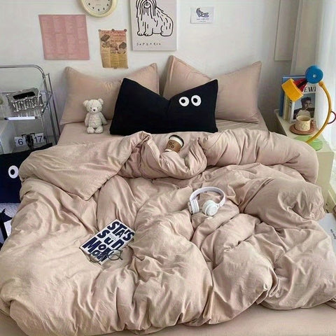 Sonicelife Cute Duvet Cover Set with Sheet Pillowcase No Filler Warm Solid Color Bed Linen Full Queen Size Korean Big Eyes Home Bedding Set