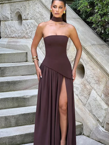Sonicelife Elegant Solid Scarf Collar Pleated Open Fork Long Dress Sexy Patchwork Sleeveless Backless Gown New Lady Party Club Vestido 2025