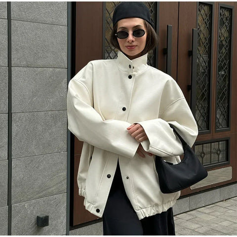 Sonicelife Turtleneck Leather Women Bomber Jacket Pocket Single-Breasted Long Sleeve Female Coat 2025 Fashion Pocket Y2K Lady Streetwear