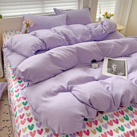 Sonicelife Purple Bedding Set Ins Nordic Solid Full Queen Size Duvet Cover Flat Sheet Pillowcase No Filler Girl Boys Hotel Home Bed Linens