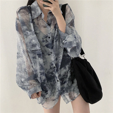 Sonicelife Vintage Shirt Women Harajuku Tie Dye Print Korean Loose Casual Chiffon Blouse Autumn Holiday Transparent Gothic Hippie Top