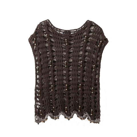 Sonicelife Women's Top with Beaded Hollow Crochet Fashionable and Sexy Casual Layering Versatile Short Sleeved Knitted T-shirt New