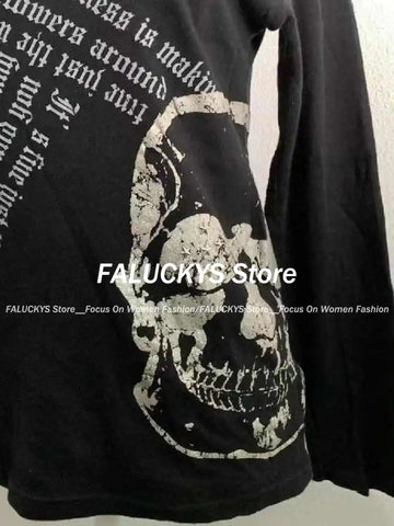 Sonicelife Vintage Gothic Streetwear T-shirt Woman Y2k Tops Harajuku Punk Japanese Tees O-neck Long Sleeve Camisetas Letter Print Tops New