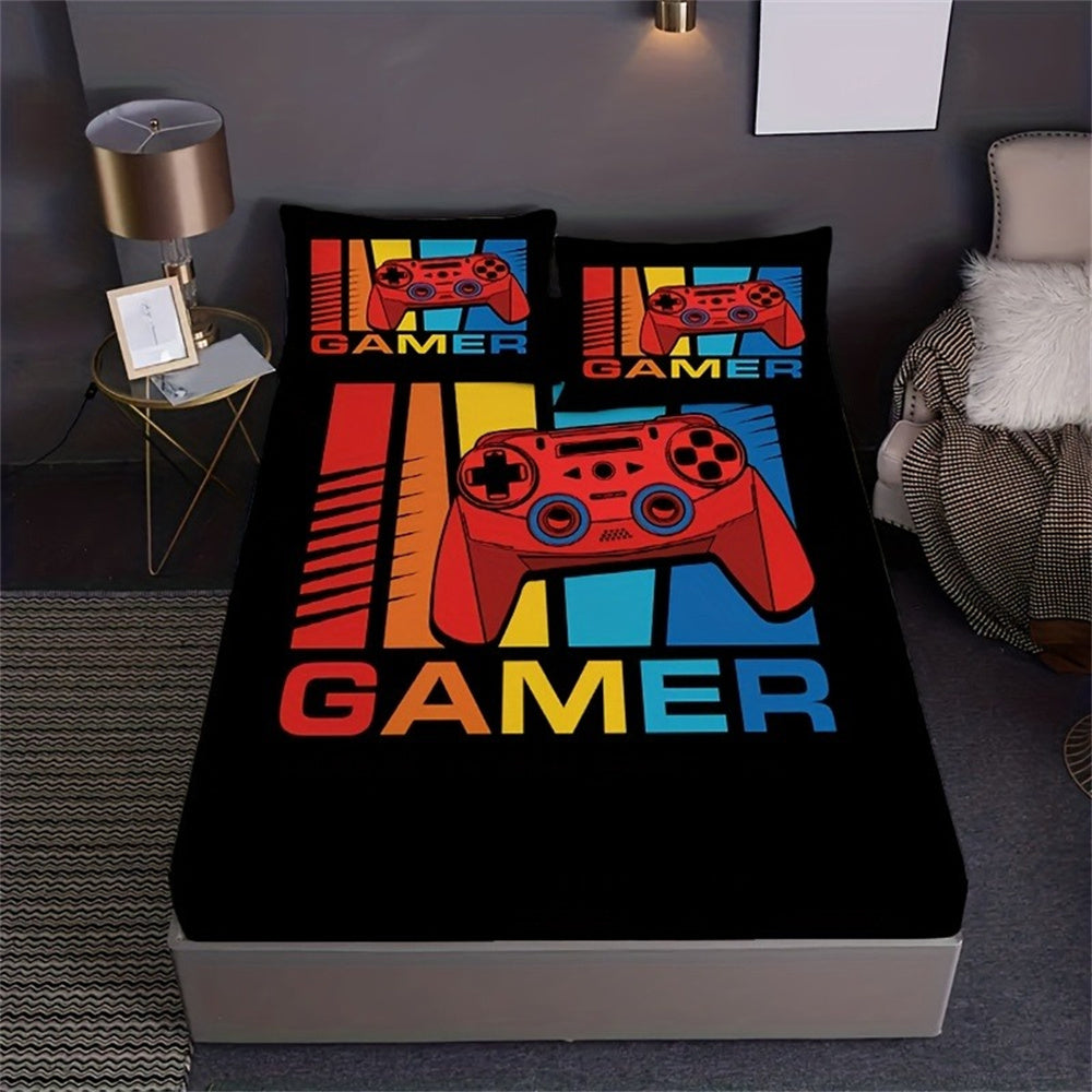 Sonicelife Games Print Fitted Sheet Set Soft Home Textile Comfortable Breathable Gamepad Bedding Set for Bedroom Guest Room