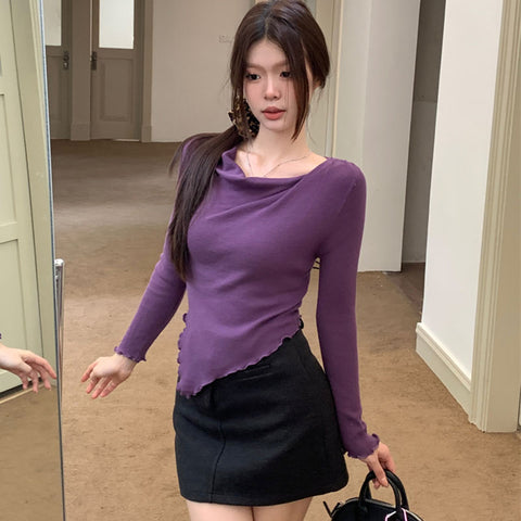 Sonicelife Korean Long Sleeve T Shirt Women Autumn Winter Chic Irregular Knitted Slim Tops Fashion Casual All Match Red Bottoming Shirt New