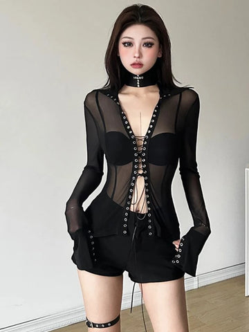 Sonicelife Y2k Aesthetic Sexy Vintage Blouse Women Gauze Patchwork Bodycon Grunge Shirt Harajuku See Through Bandage Streetwear Tops New