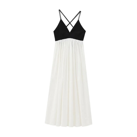 Sonicelife Women Contrasting V Neck Sling Dress Elegant Sleeveless Backless Lace Up High Waist Vestidos New Summer A-line Long Dresses 2025
