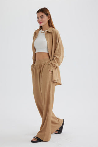 Sonicelife-Two Piece Solid Color Long Sleeve Shirt Long Pants Set