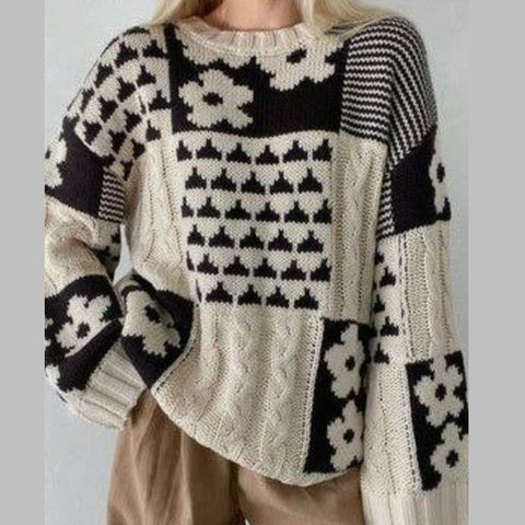 Black Friday Sonicelife Casual Knitted Flower O-neck Sweaters Women Loose Warm Thick Patchwork Pullover Sweater Female Autumn Chic Street Knitwear