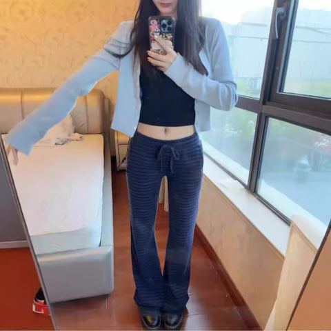 Sonicelife Drawstring High Waist Striped Long Pant 2025 Spring Summer Sport Long Pants Women Casual Preppy Style Sweet Y2K Female Trousers