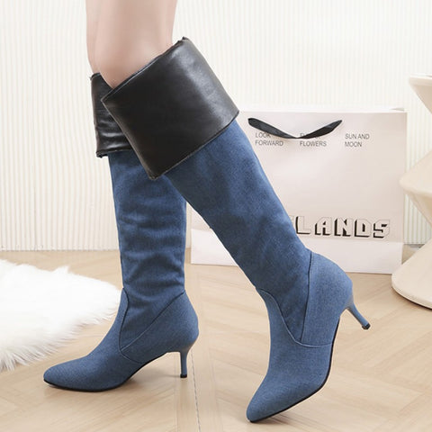 Sonicelife Women Cowboy Shoes Chelsea High Heels Boots Winter 2024 New Chunky Motorcycle Over The Knee Boots Sexy Pumps Gladiator Botas