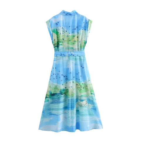Sonicelife Women's Card Shoulder Printed Dress Shirt Style with Belt Versatile Commuter Style Midi Long Dress New