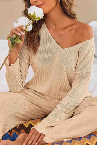 Sonicelife V Neck Ribbed Long Sleeve Two-Piece Set