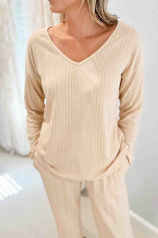 Sonicelife V Neck Ribbed Long Sleeve Two-Piece Set