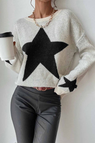 Sonicelife Crew Neck Star Long Sleeve Knitted Sweater