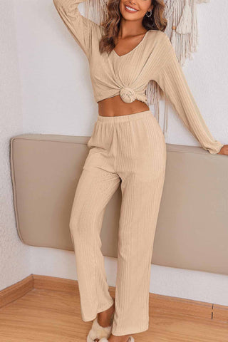 Sonicelife V Neck Ribbed Long Sleeve Two-Piece Set