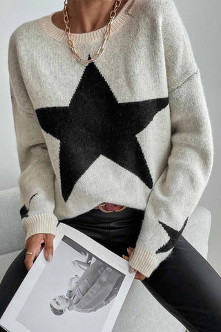 Sonicelife Crew Neck Star Long Sleeve Knitted Sweater