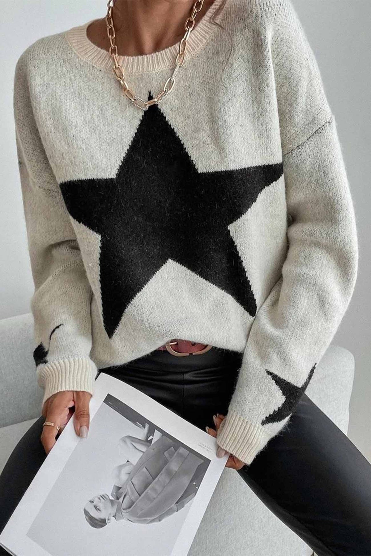 Sonicelife Crew Neck Star Long Sleeve Knitted Sweater