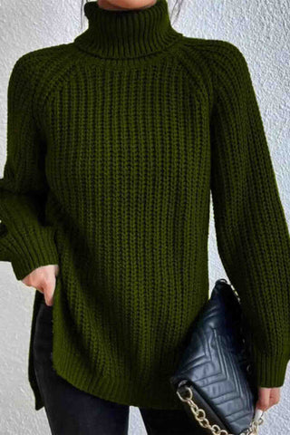 Sonicelife Raglan Sleeve Turtleneck Slit Mid-Length Sweater