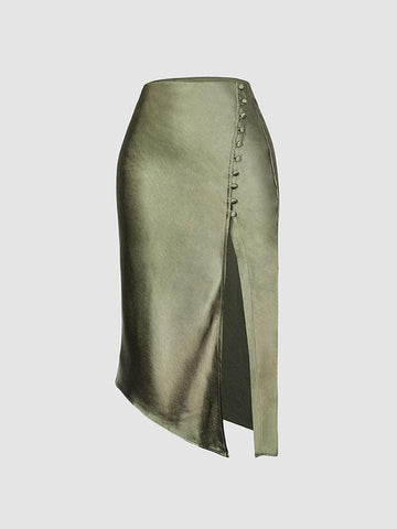 Sonicelife-Asymmetric Hem Slit Button Deco Skirt