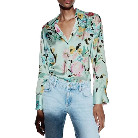 Sonicelife Women's Flower Printed Silk Shirt, Satin Fashion, Casual Long Sleeved, Single Breasted Top, New