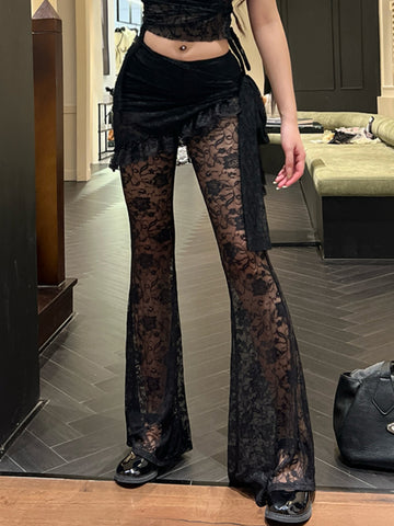 Sonicelife Gothic Dark Lace Pants Women Vintage Y2k Streetwear Emo Sexy See Through Velevt Patchwork High Waist Flare Pants Female