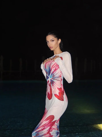Sonicelife Elegant Printed Slim Fit Long Dress Fashion Round Neck Full Sleeve See Through Robes New Female Summer Party Club Vestidos 2025