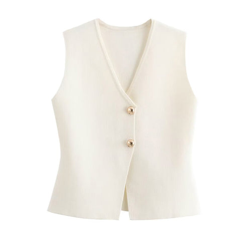 Sonicelife Women's V-Neck Knitted Sleeveless Vest Minimalist Style Top Gold Button Decoration Casual Versatile New