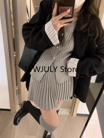 Sonicelife 2025 Autumn Grey Knitted Suit for Women Korean Slim Short Cardigan Top High Waist Fashion Skirt Suit Outfit 2 Piece Set Chic