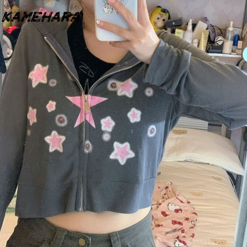 Sonicelife Japanese Abitu Street Style Subculture Millennium Y2k Spicy Girl Hoodie Printed Thin Short Cut Slimming Versatile Tops