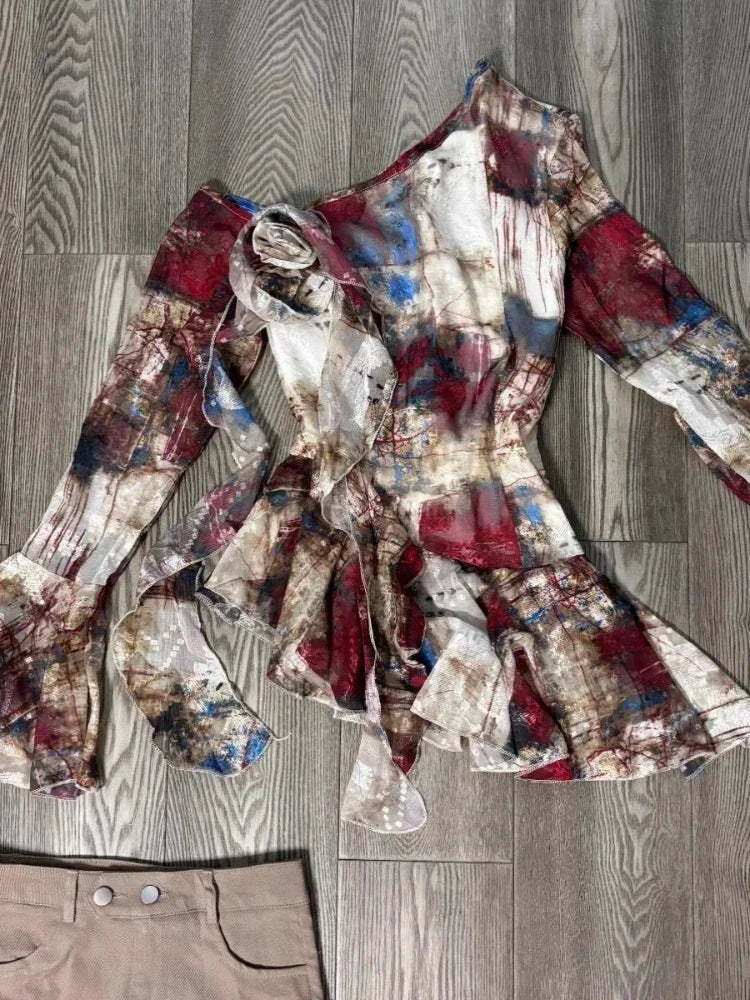 Sonicelife Autumn Vintage Aesthetic Outfits 2 Piece Set Women American Retro Design Y2k Print Tops + Hot Girls High Waist Shorts 2025 New