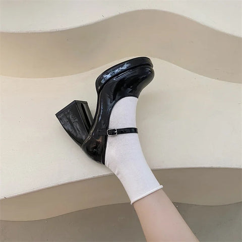 Sonicelife 2024Mary Jane Shoes Women Retro British Style Hepburn Black High Heel One Word Buckle Thick Heel Square Head Single Shoes Women