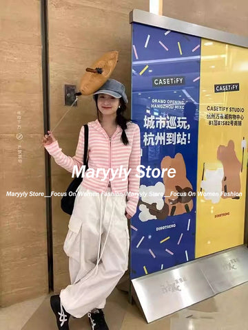Sonicelife 2025 Autumn New Pink Striped All-match Hoodie Tops Women Casual Bottoming Cardigan Sweet kawaii Long Sleeve Zipper Sweatshirts