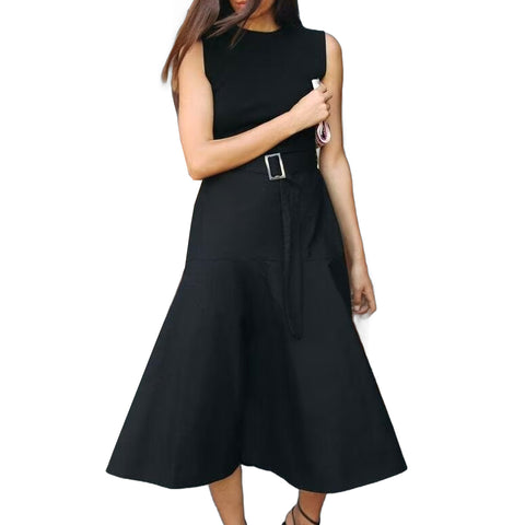 Sonicelife Women's Knitted Blended Dress Shoulder Collar Round Neck with Belt Commuting Style Versatile Midi Long Dress New