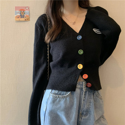 Sonicelife V Neck Cropped Cardigan Sweaters Women Casual Sweet Rainbow Buttons Knitted Coat Korean Female Autumn Loose Long Sleeve Top