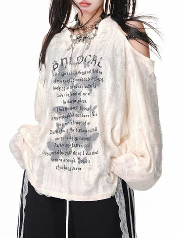 Sonicelife Women Y2k Gothic Grunge Dark Hollow Out T Shirt Spring Harajuku Hollow Out Off Shoulder Sexy Tees Autumn Punk Letter Print Tops