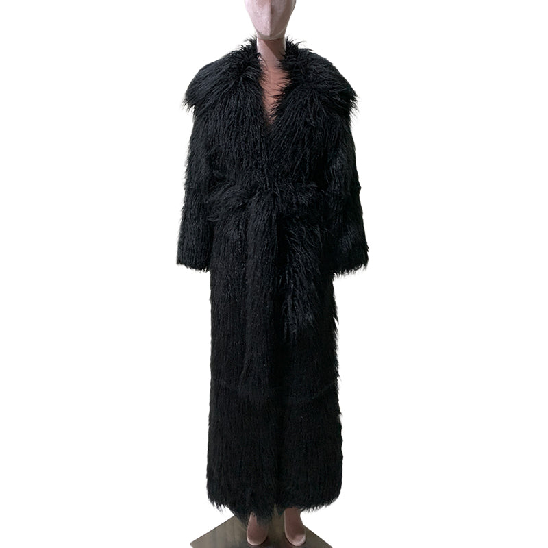 christmas outfit Sonicelife Winter Extra Long Black Thick Warm Shaggy Fluffy Fuzzy Faux Fur Coat Women Sashes Luxury Elegant Maxi Furry Overcoat