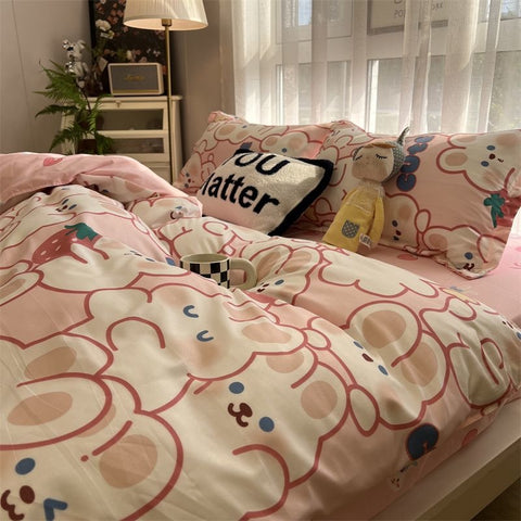 Sonicelife Strawberry And Flowers Bedding Sets Solid Color Girls Boys Double Size Flat Sheet Duvet Cover Pillowcase Bed Linen Home Textile