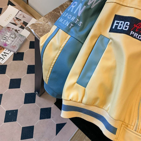 Sonicelife PU jacket embroidered patchwork label leather jacket hiphop cool motorcycle advanced craftsmanship baseball jacket men clothing