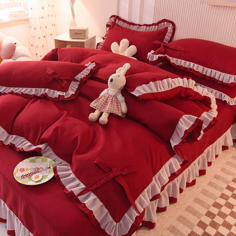 Sonicelife Green Bedding Sets Kawaii Seersucker Bed Sheet Pillowcase Fashion Girl Princess Duvet Cover 4 Pieces Cute Home Decoration