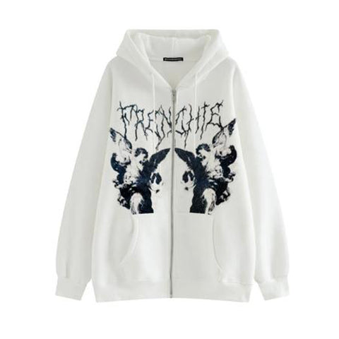 Sonicelife Vintage Angel Print Oversized Hoodies Female Zip Up Long Sleeve Women's Sweatshirt Y2K Aesthetic Autumn Gothic Grunge Streetwear