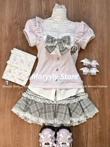 Sonicelife Japanese Sweet Preppy Style Skirt Set Women Kawaii Lace Patchwork Bow Tops + Y2k Plaid Mini Skirt Elegant Outifits 2 Piece Set