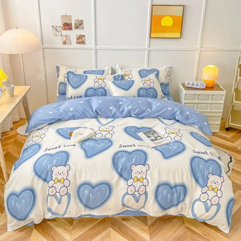 Sonicelife Cute Bear Bedding Set Girls Boys Kids Single Double Size Flat Sheet Duvet Cover Pillowcase Bed Linens White Blue Home Textile