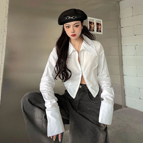 Sonicelife Slim Cropped White Shirt Women Long Sleeve Sexy Chic Double Zippers Blouse Fall Female Long Sleeve Hip Hop Streetwear Tops